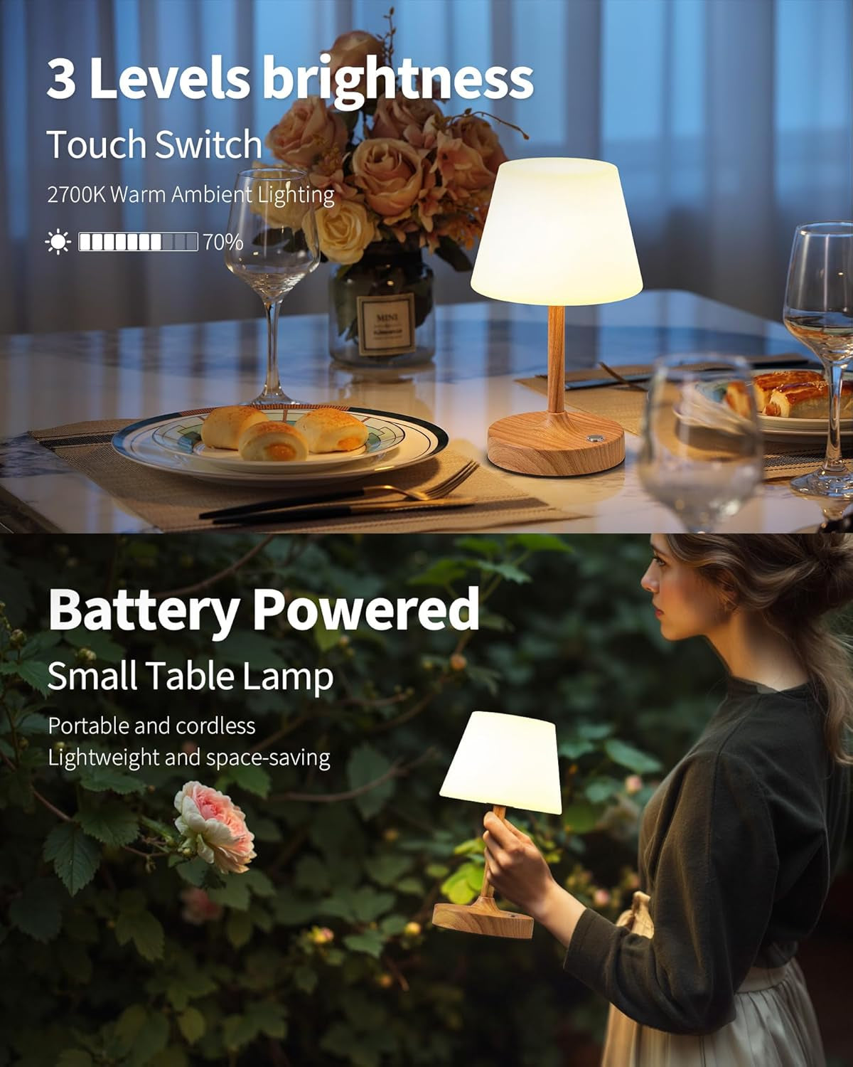 Cordless LED Wood-Grain Small Table Lamp, Waterproof Shower Light with 4000Mah Battery, Portable Rechargeable Touch Dimming Night Light for Bathroom, Outdoor Camping, Kitchen, Patio, Restaurant