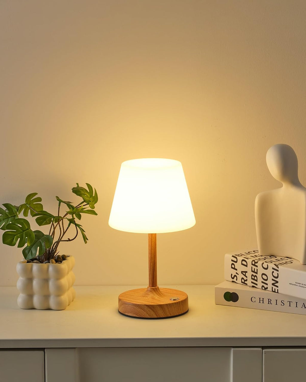 Cordless LED Wood-Grain Small Table Lamp, Waterproof Shower Light with 4000Mah Battery, Portable Rechargeable Touch Dimming Night Light for Bathroom, Outdoor Camping, Kitchen, Patio, Restaurant