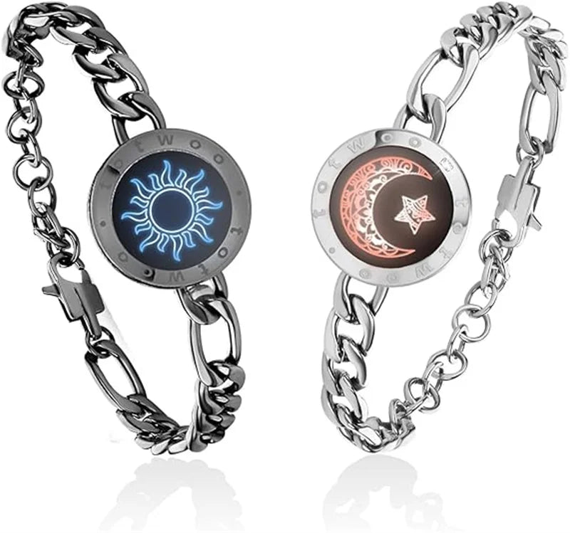 Long Distance Touch Light Up&Vibrate Bracelets for Couples, Long Distance Relationship Gifts Smart Sun&Moon Love Bracelet