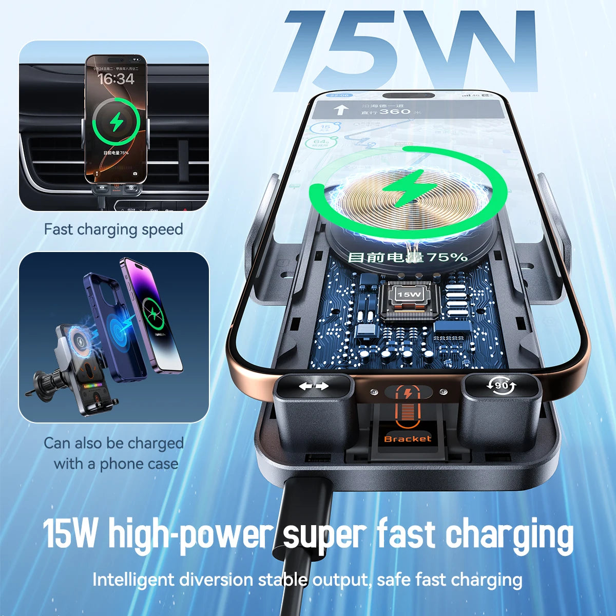 15W Wireless Car Charger Mount – Auto-Clamping Phone Holder with Fast Charging