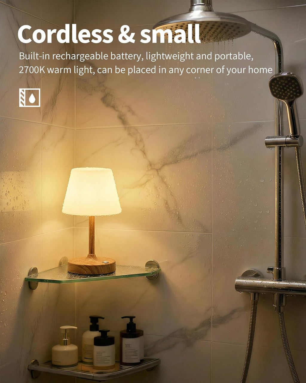 Cordless LED Wood-Grain Small Table Lamp, Waterproof Shower Light with 4000Mah Battery, Portable Rechargeable Touch Dimming Night Light for Bathroom, Outdoor Camping, Kitchen, Patio, Restaurant