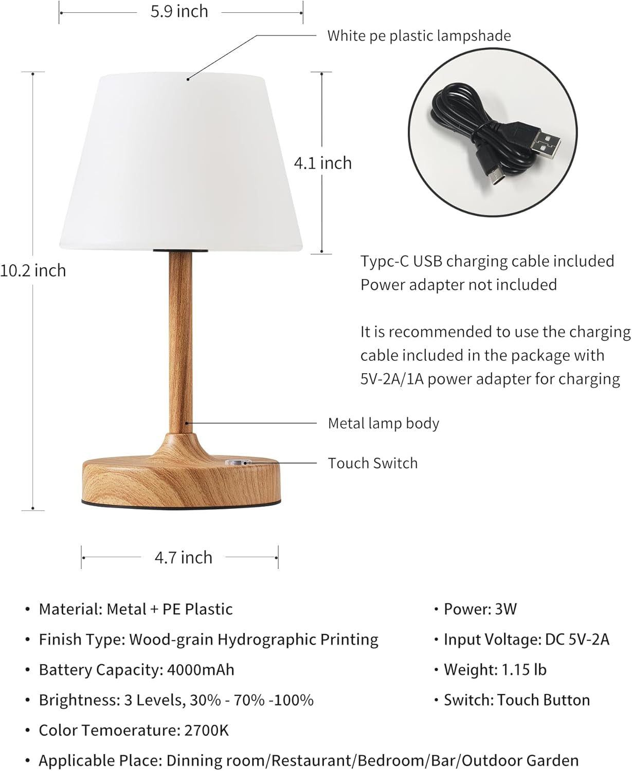 Cordless LED Wood-Grain Small Table Lamp, Waterproof Shower Light with 4000Mah Battery, Portable Rechargeable Touch Dimming Night Light for Bathroom, Outdoor Camping, Kitchen, Patio, Restaurant